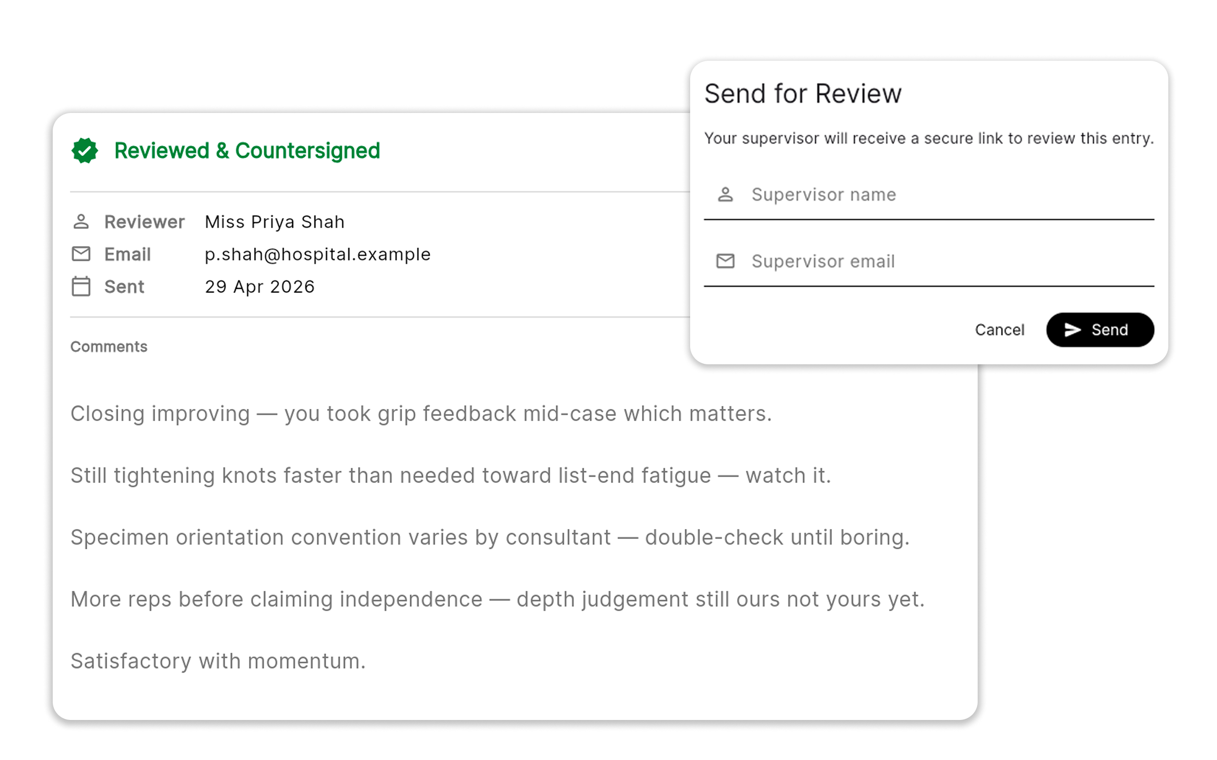 An Odyssey secure peer-review request beside completed and countersigned feedback
