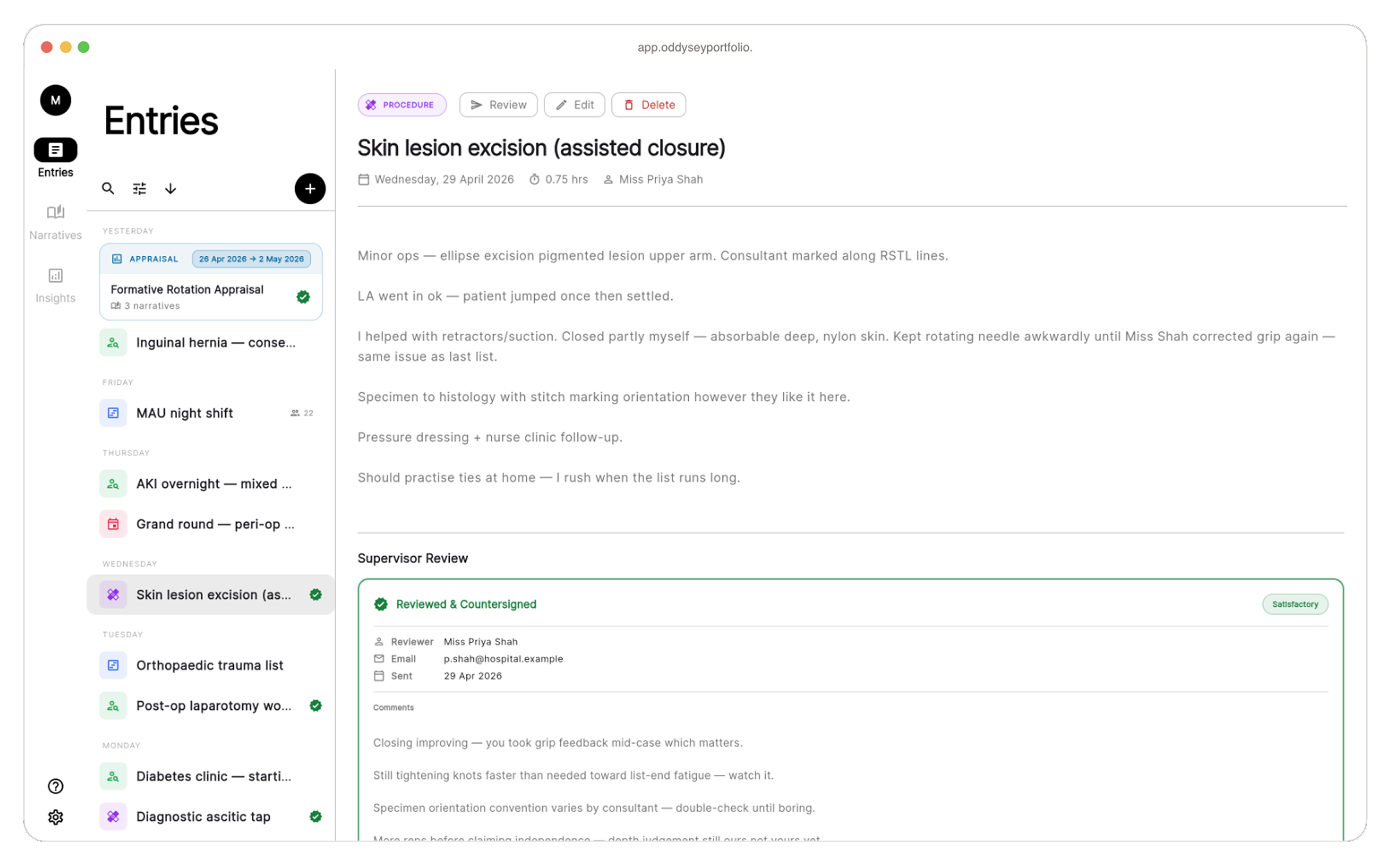 Odyssey on the web showing a clinical journal entry with a completed peer review